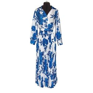 Anna Kaci Polyester White Blue Floral Long-Sleeve Collar Pleated Maxi Dress M
